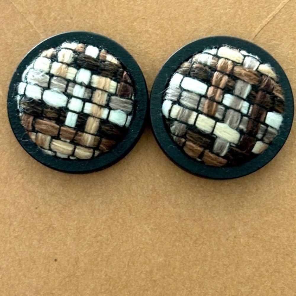Handmade Chunky Retro Textured Fabric Button Wood Stud Earrings, 20mm, NWT